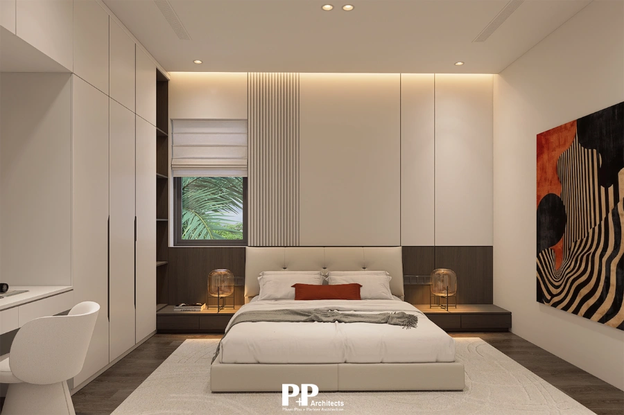 Thiết kế villa biệt thự Nha Trang theo lối sống với không gian phòng ngủ kết hợp góc làm việc