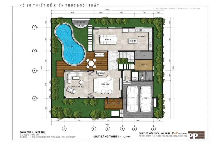 Thiết kế villa biệt thự Nha Trang trên khu đất đô thị với mặt bằng kết nối sân vườn hồ bơi và gara