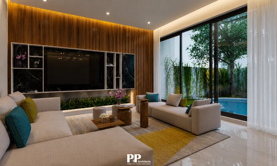 Thiết kế villa biệt thự Nha Trang trên khu đất đô thị với không gian phòng khách mở về khoảng xanh riêng
