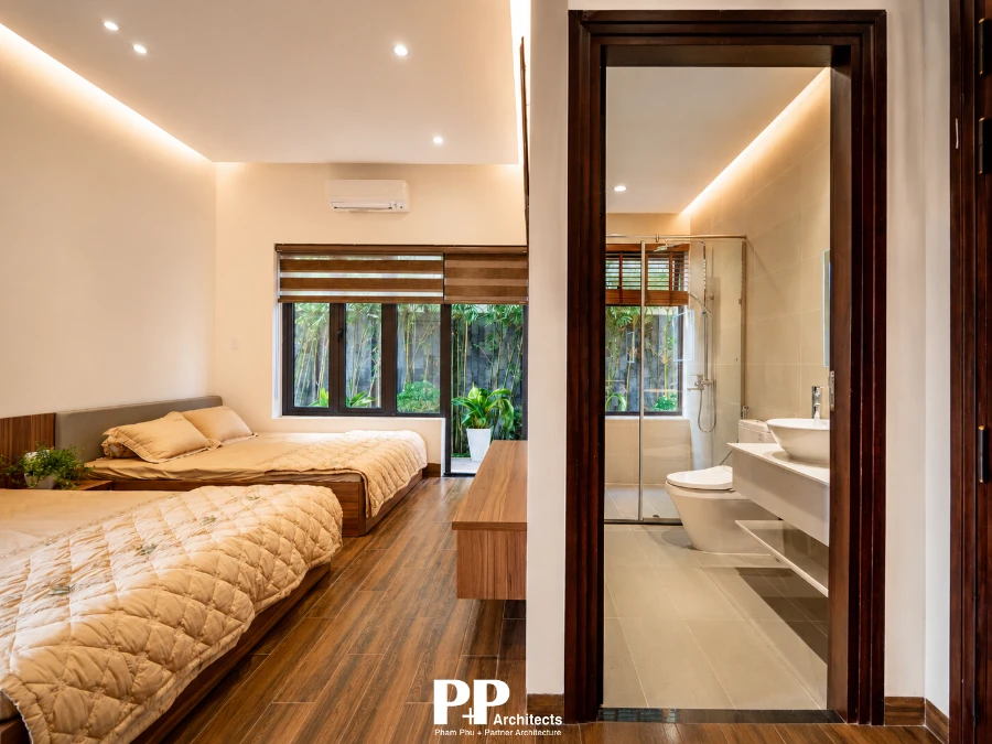 Thiết kế villa xanh trọn gói khác gì thiết kế từng phần? 7 Thiết kế villa xanh trọn gói với phòng ngủ kết nối phòng tắm và khoảng xanh