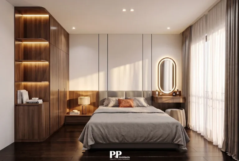 Thiết kế căn hộ dịch vụ xanh Đà Lạt với không gian phòng ngủ tông gỗ và hệ cửa đón ánh sáng