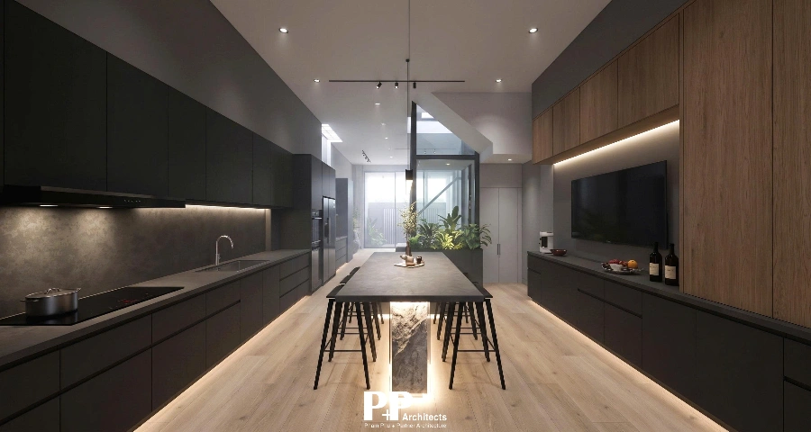 Thiết kế căn hộ dịch vụ xanh Đà Lạt trên khu đất dốc: 6 nguyên tắc tổ chức không gian 5 Thiết kế căn hộ dịch vụ xanh Đà Lạt trên khu đất dốc với không gian bếp và khu vực sinh hoạt đa chức năng