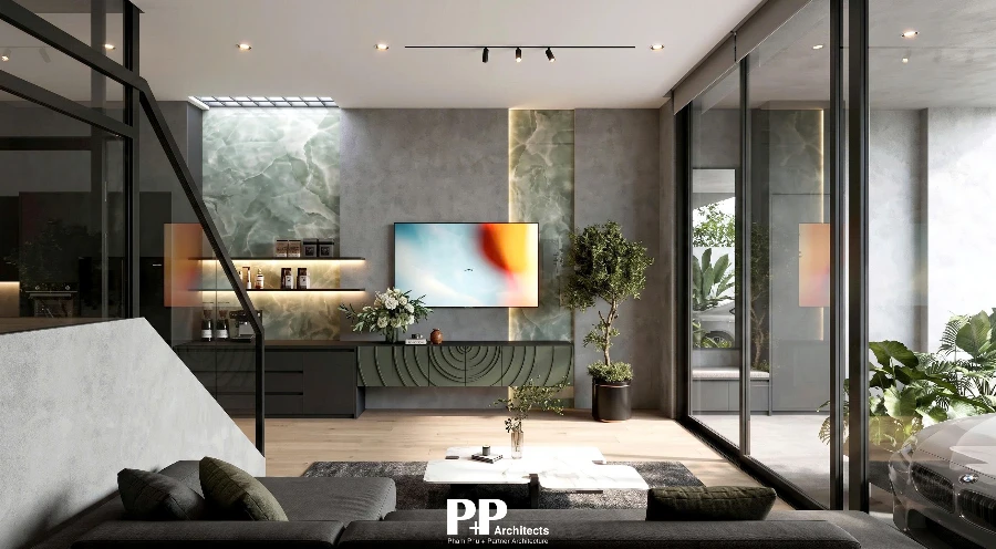Thiết kế căn hộ dịch vụ xanh Đà Lạt trên khu đất dốc: 6 nguyên tắc tổ chức không gian 8 Thiết kế căn hộ dịch vụ xanh Đà Lạt trên khu đất dốc với không gian phòng khách đón ánh sáng và yếu tố cây xanh